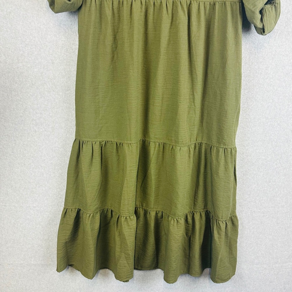 Max Studio London Womans Medium Shirt Midi Dress Roll Tab Green Tier Boho Modest - Picture 6 of 9